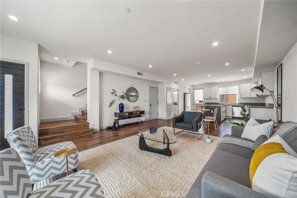 Interior, Kitchen, Living room, Recessed Lighting, Stainless Steel Appliances, Wood Texture Flooring