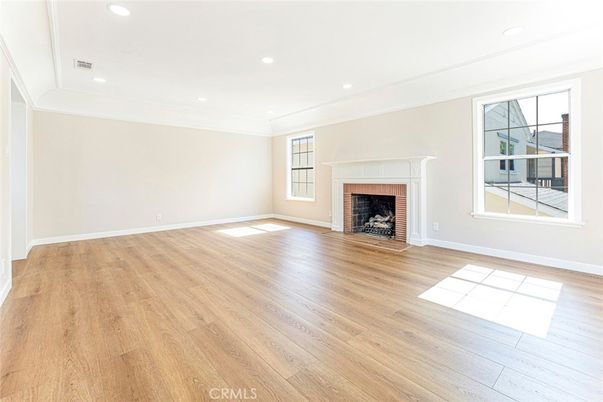 Empty room, Fireplace, Interior, Recessed Lighting, Wood Texture Flooring