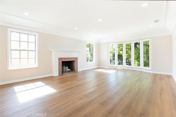 Empty room, Fireplace, Interior, Recessed Lighting, Wood Texture Flooring