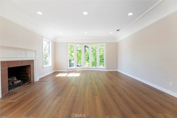Empty room, Fireplace, Interior, Recessed Lighting, Wood Texture Flooring