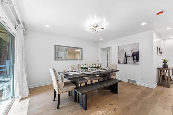 Dining room, Interior, Pendant Lights, Recessed Lighting, Wood Texture Flooring