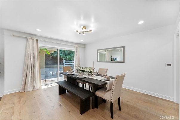 Dining room, Interior, Recessed Lighting, Wood Texture Flooring