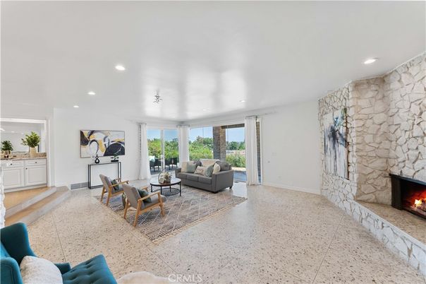 Fireplace, Interior, Living room, Recessed Lighting, Stone Walls