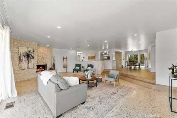 Dining room, Fireplace, Interior, Living room, Recessed Lighting, Stone Walls