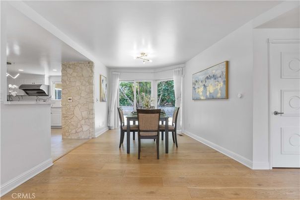 Dining room, Interior, Kitchen, Recessed Lighting, Stone Walls, Wood Texture Flooring