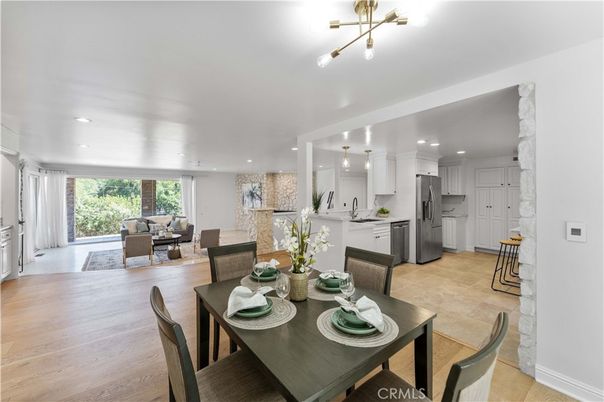Dining room, Interior, Kitchen, Living room, Pendant Lights, Recessed Lighting, Stainless Steel Appliances, Wood Texture Flooring