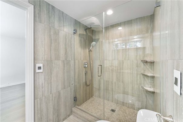 Bathroom, Glass Shower, Interior, Recessed Lighting, Wood Texture Flooring