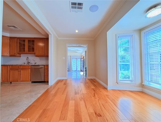 Empty room, Interior, Kitchen, Recessed Lighting, Wood Texture Flooring