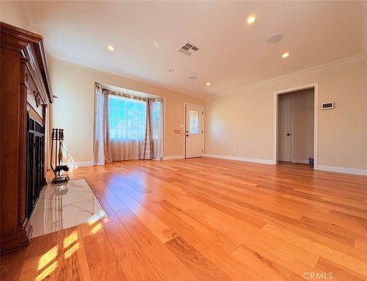 Empty room, Fireplace, Interior, Marble, Recessed Lighting, Wood Texture Flooring
