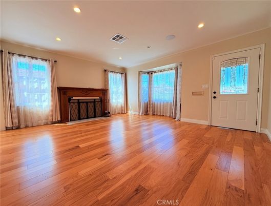 Empty room, Fireplace, Interior, Recessed Lighting, Wood Texture Flooring