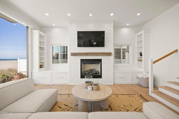 Fireplace, Interior, Living room, Recessed Lighting, Wood Texture Flooring