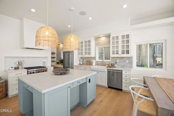 Interior, Kitchen, Pendant Lights, Recessed Lighting, Stainless Steel Appliances, Wood Texture Flooring