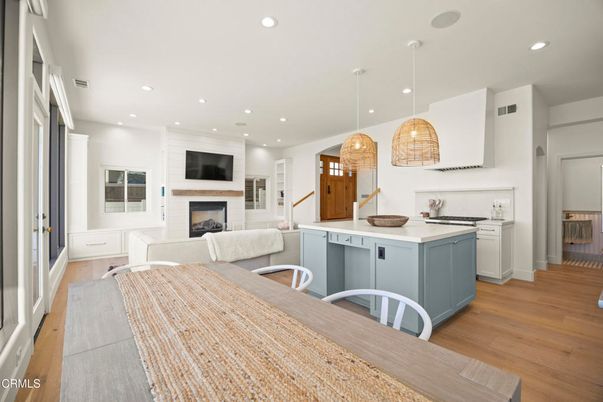 Fireplace, Interior, Kitchen, Living room, Pendant Lights, Recessed Lighting, Wood Texture Flooring