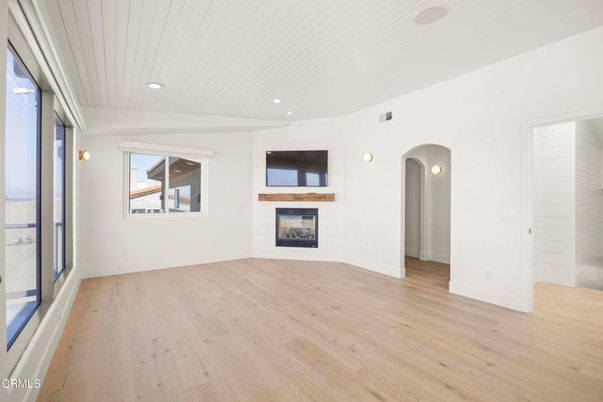 Empty room, Fireplace, Interior, Recessed Lighting, Wood Texture Flooring
