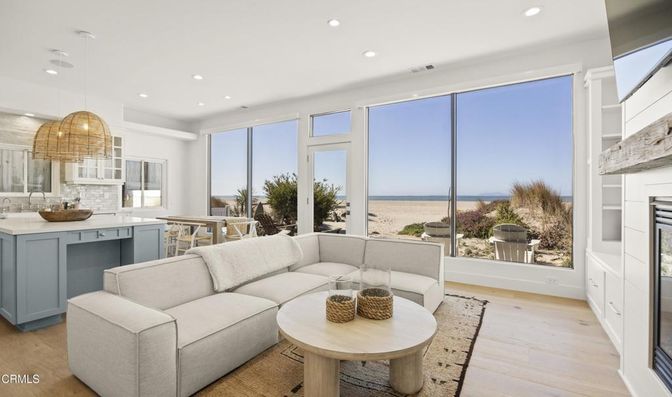 Fireplace, Interior, Kitchen, Living room, Pendant Lights, Recessed Lighting, Water, Wood Texture Flooring