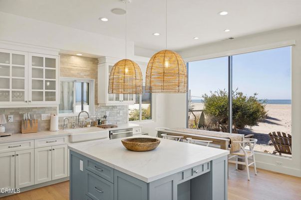 Interior, Kitchen, Pendant Lights, Recessed Lighting, Stainless Steel Appliances, Water, Wood Texture Flooring