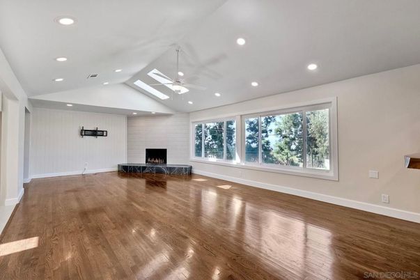 Empty room, Fireplace, Interior, Recessed Lighting, Wood Texture Flooring