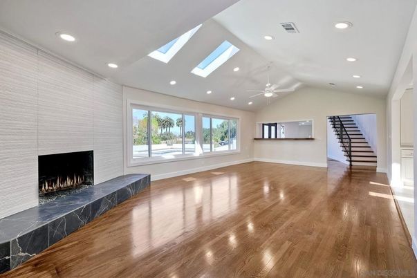 Empty room, Fireplace, Interior, Recessed Lighting, Wood Texture Flooring