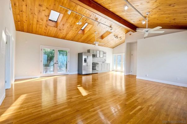 Empty room, Interior, Kitchen, Stainless Steel Appliances, Wooden Beams, Wooden Ceilings, Wood Texture Flooring