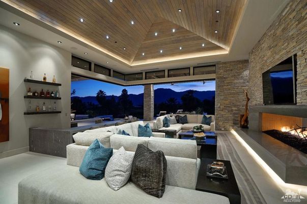 Fireplace, Interior, Living room, Recessed Lighting, Stone Walls, Wooden Ceilings