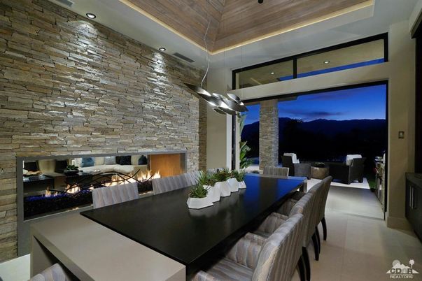 Dining room, Fireplace, Interior, Pendant Lights, Recessed Lighting, Stone Walls, Wooden Ceilings