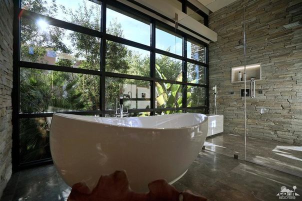 Bathroom, Free Standing Baths, Glass Shower, Interior, Stone Walls