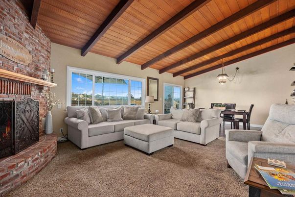 Dining room, Fireplace, Interior, Living room, Pendant Lights, Stone Walls, Wooden Beams, Wooden Ceilings