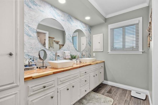 Bathroom, Dual Sink Vanities, Interior, Recessed Lighting, Wood Texture Flooring
