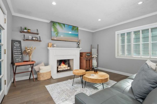 Fireplace, Interior, Living room, Recessed Lighting, Wood Texture Flooring