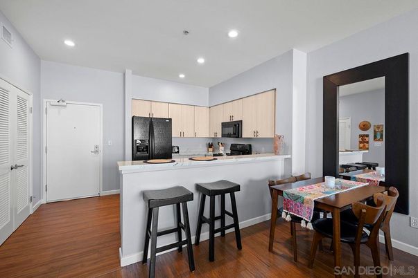 Dining room, Interior, Kitchen, Recessed Lighting, Wood Texture Flooring