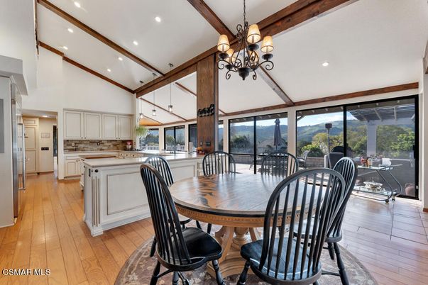 Chandelier, Dining room, Interior, Kitchen, Recessed Lighting, Wooden Beams, Wood Texture Flooring