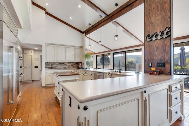 Interior, Kitchen, Pendant Lights, Recessed Lighting, Stainless Steel Appliances, Wooden Beams, Wood Texture Flooring