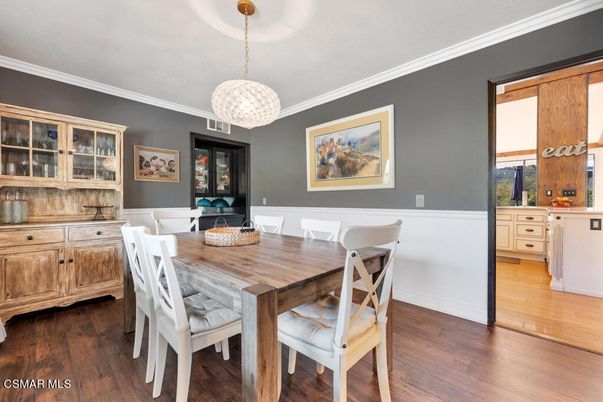 Dining room, Interior, Pendant Lights, Wood Texture Flooring