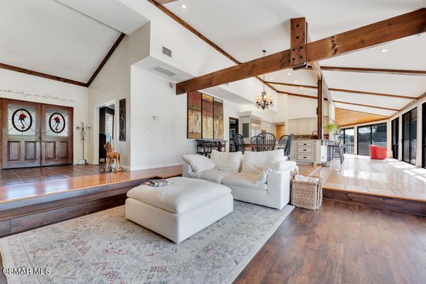 Chandelier, Dining room, Interior, Kitchen, Living room, Recessed Lighting, Wooden Beams, Wood Texture Flooring