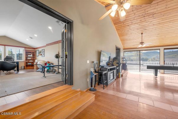 Fitness Equipment, Home Office, Interior, Recessed Lighting, Wooden Ceilings, Wood Texture Flooring