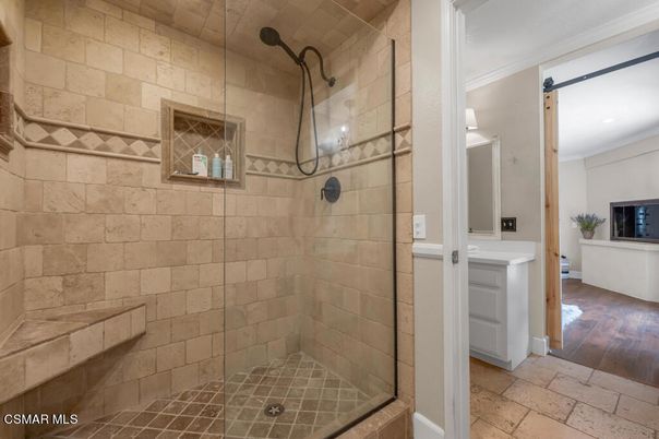 Bathroom, Glass Shower, Interior, Stone Walls, Wood Texture Flooring