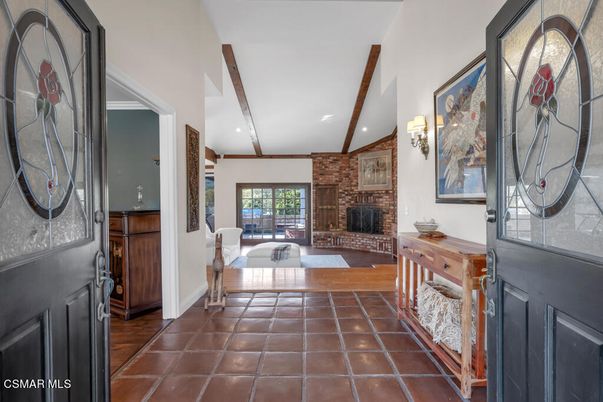 Fireplace, Interior, Recessed Lighting, Stone Walls, Wooden Beams