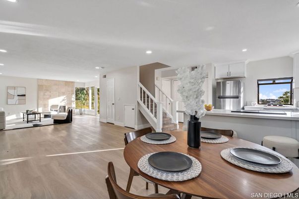 Dining room, Interior, Kitchen, Living room, Recessed Lighting, Stainless Steel Appliances, Wood Texture Flooring