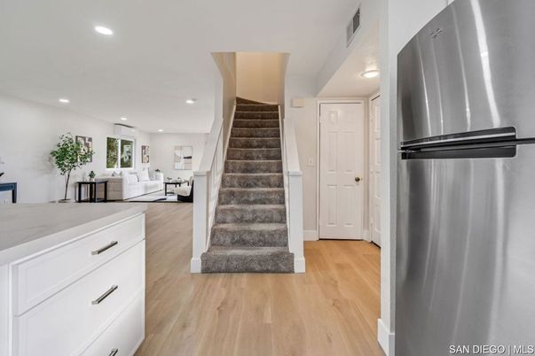 Interior, Kitchen, Living room, Recessed Lighting, Stainless Steel Appliances, Wood Texture Flooring