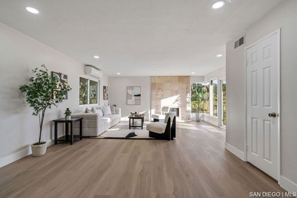 Fireplace, Interior, Living room, Recessed Lighting, Wood Texture Flooring