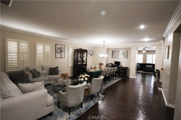 Dining room, Interior, Living room, Pendant Lights, Recessed Lighting, Wood Texture Flooring