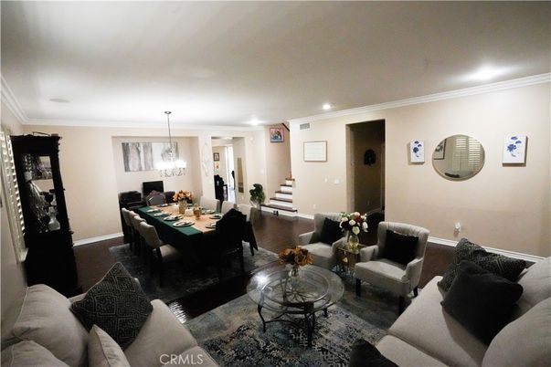 Dining room, Interior, Living room, Pendant Lights, Recessed Lighting, Wood Texture Flooring