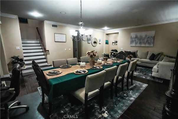 Chandelier, Dining room, Interior, Living room, Pendant Lights, Recessed Lighting, Wood Texture Flooring