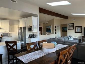 Chandelier, Dining room, Interior, Kitchen, Living room, Recessed Lighting, Stainless Steel Appliances, Wooden Beams