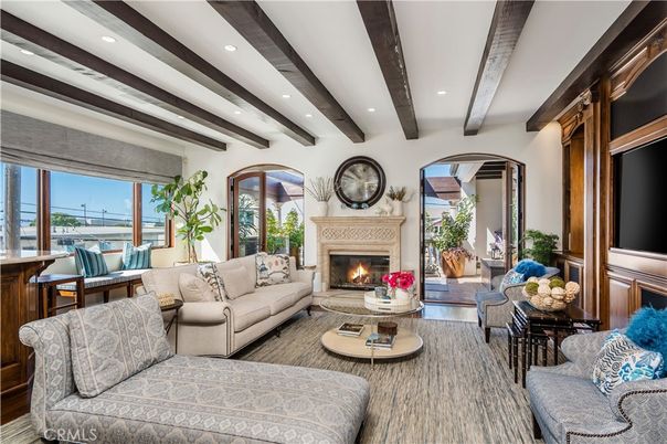Fireplace, Interior, Living room, Recessed Lighting, Wooden Beams, Wood Texture Flooring