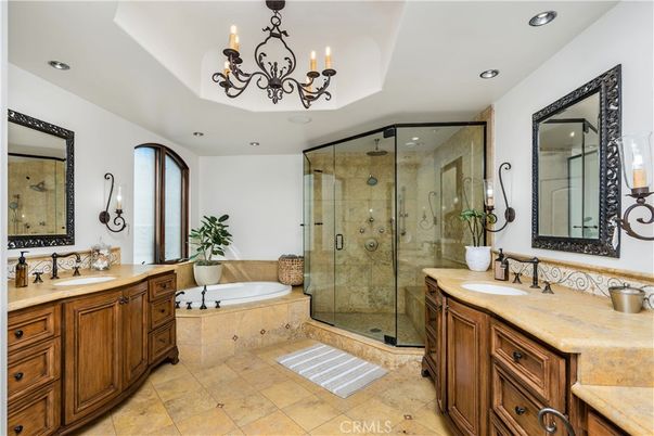 Bathroom, Chandelier, Dual Sink Vanities, Glass Shower, Interior, Recessed Lighting
