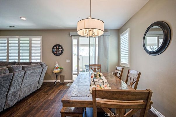 Dining room, Interior, Pendant Lights, Recessed Lighting, Wood Texture Flooring