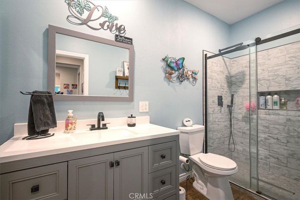 Bathroom, Glass Shower, Interior, Wood Texture Flooring