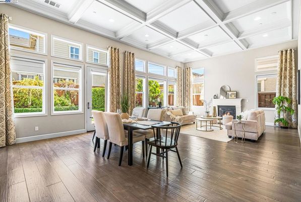 Dining room, Fireplace, Interior, Living room, Recessed Lighting, Wood Texture Flooring