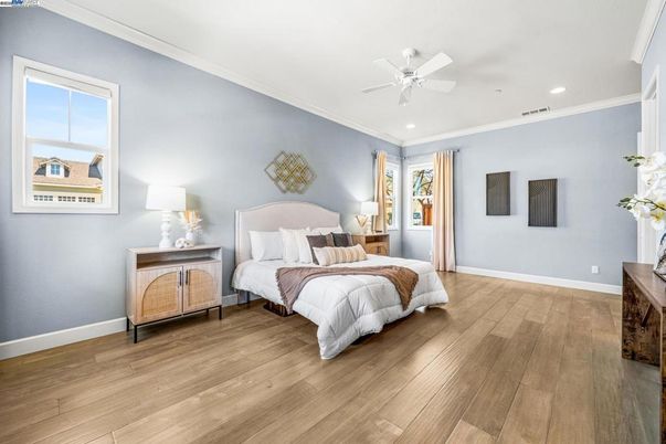 Bedroom, Interior, Recessed Lighting, Wood Texture Flooring